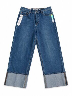 Size 11 Women's Wide Leg Cropped Cuffed Jeans High Rise Blue Denim Cotton Pants